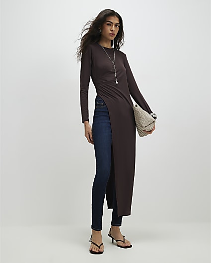 Brown Shoulder Padded Longline Asymmetric Top