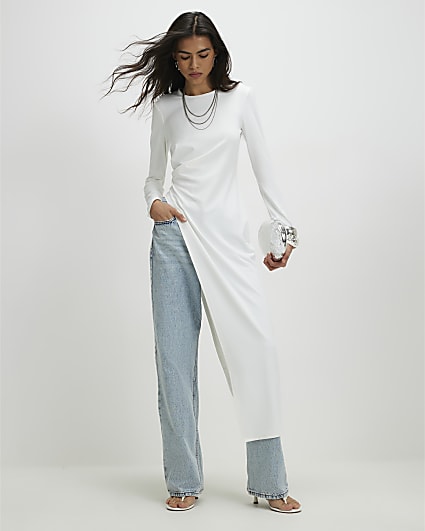 Cream Long Sleeve Longline Asymmetric Top