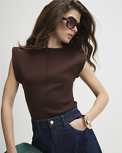 Brown Fitted Knit Sleeveless Top