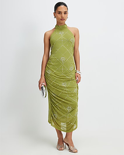 river island green stripe dress Green Scallop Stripe Bow Detail Mini Dress
