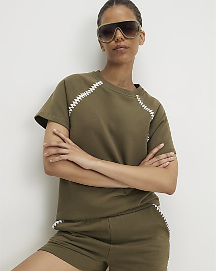Khaki Cotton Blend Whipstitch Trim T-shirt