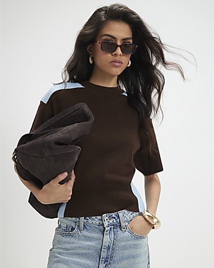 Brown Knitted Short Sleeve Top