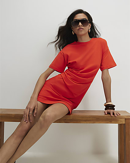 Orange Cotton Twist Tuck Side Mini Dress