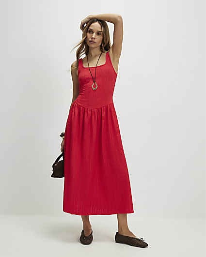 Red Textured Midi Dress