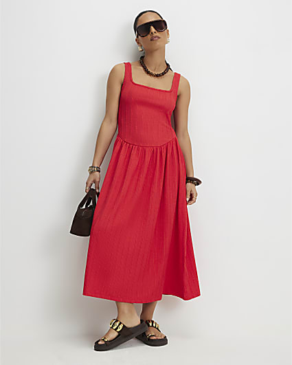 Petite Red Satin Hybrid Midi Dress