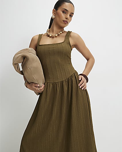 Petite Brown Mesh Floral Bandeau Midi Dress | River Island
