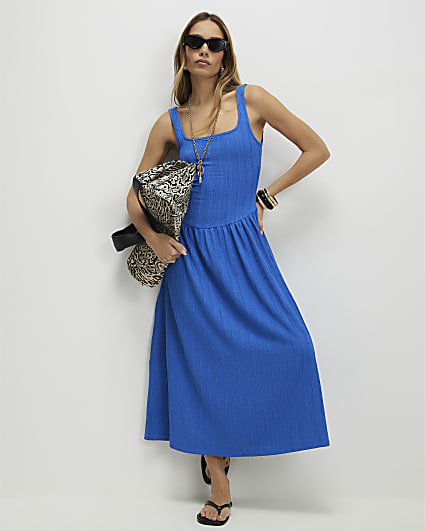 Blue Sculpt Bodycon Denim Midi Dress | River Island