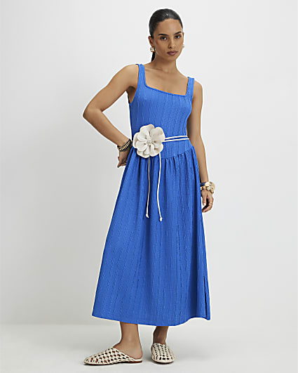blue and orange midi dress Blue Polka Dot Halter Midi Dress | Women's Clothing