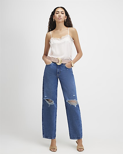 Blue Ripped Barrel Leg Jeans