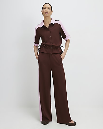 Brown Premium Blocked Wide Leg Trousers