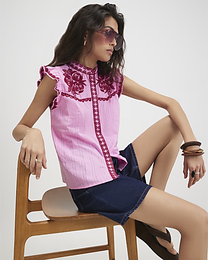 Pink Cotton Ruffle Embroidered Blouse