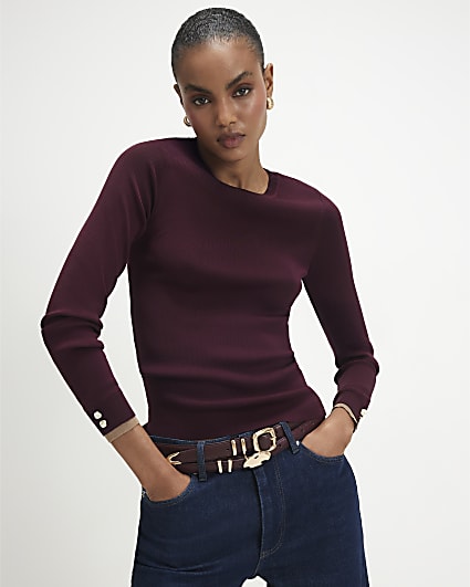 Burgundy Rib Knit Layered Trim Top