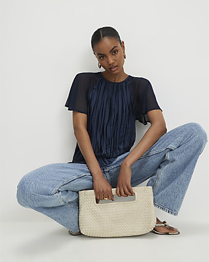 Navy Pleated Hybrid Short Sleeve T-Shirt