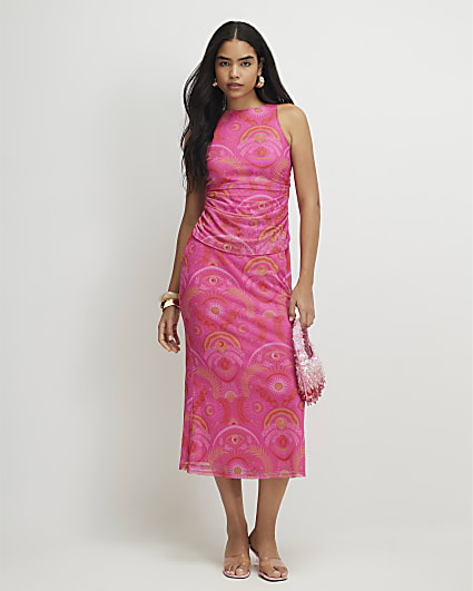 Pink Sleeveless Drape Midi Dress