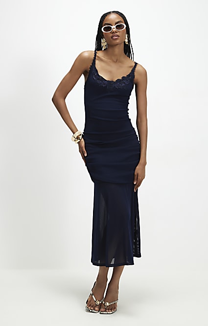Navy Lace Trim Drape Midi Dress