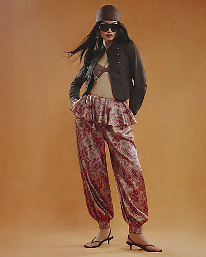 Red Paisley Satin Balloon Trousers