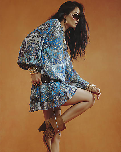 Blue Paisley Metallic Mini Dress