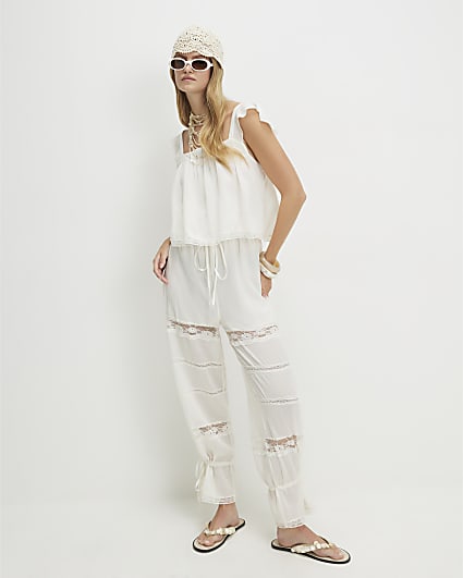 Cream Cotton Blend Lace Insert Jumpsuit