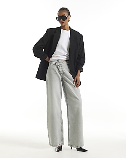 Grey Asymmetric Fly Wide Leg Jeans