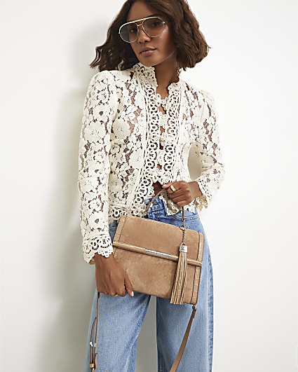 Beige Faux Suede Bar Front Charm Tote Bag