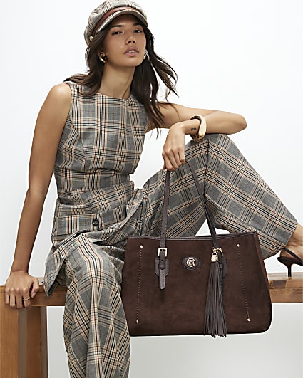 Brown Faux Suede Buckle Shopper Bag