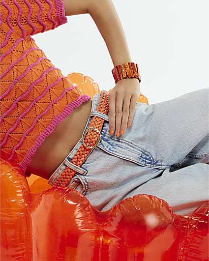 Orange Faux Leather Braided Belt
