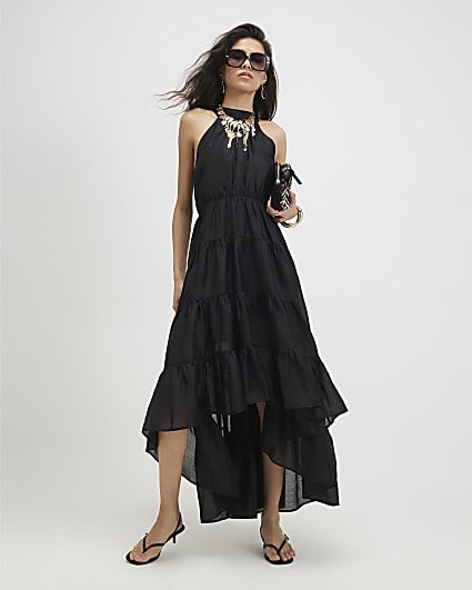 Black Halter Tiered Maxi Dress