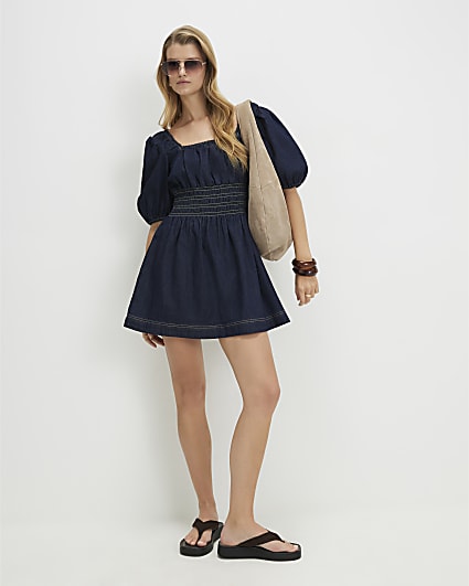 Blue Denim Mini Smock Dress