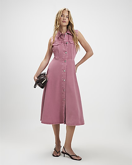 Pink Denim Sleeveless Shirt Midi Dress