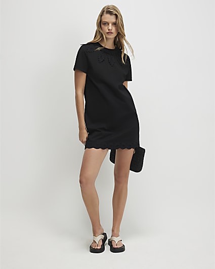 Black Cotton Embroidered Mini T-shirt Dress