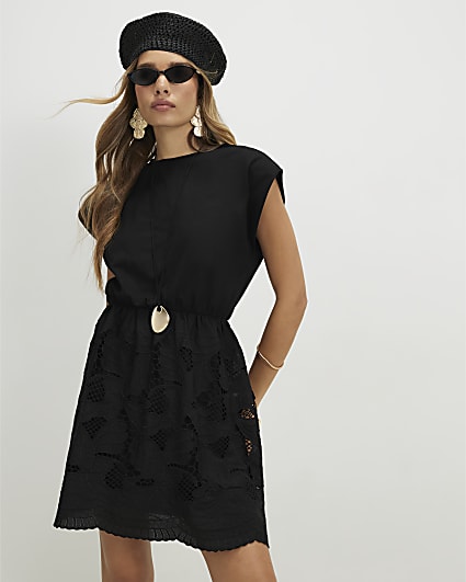 Black Cotton Lace Detail Mini Dress
