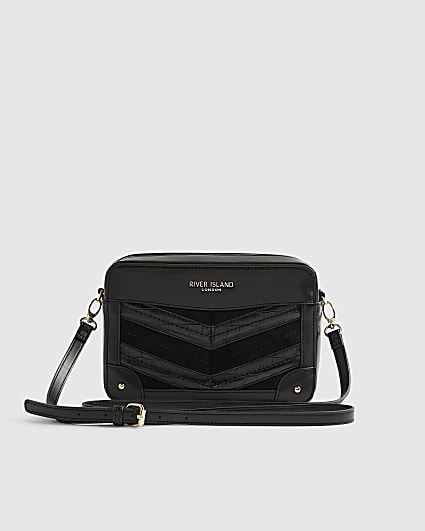 Black Panelled Chevron Boxy Cross Body Bag