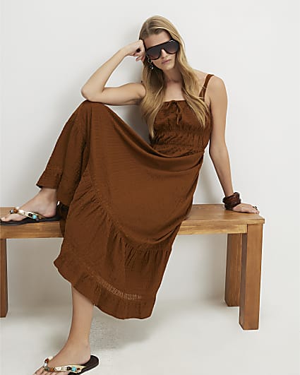 Brown Cotton Pleated Macrame Maxi Dress
