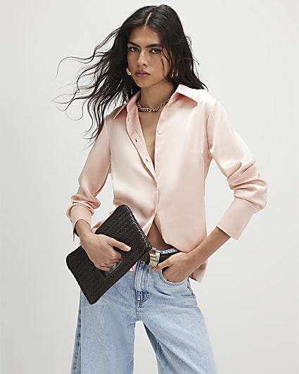 Pink Slim Fit Satin Long Sleeve Shirt