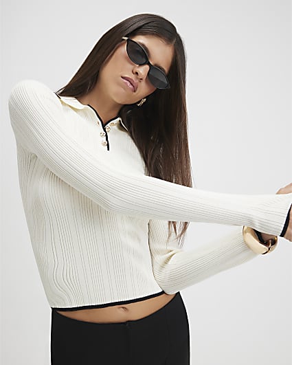 Cream Knit Long Sleeve Polo Top