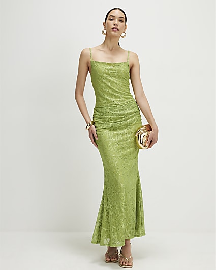 Green Lace Drape Maxi Dress
