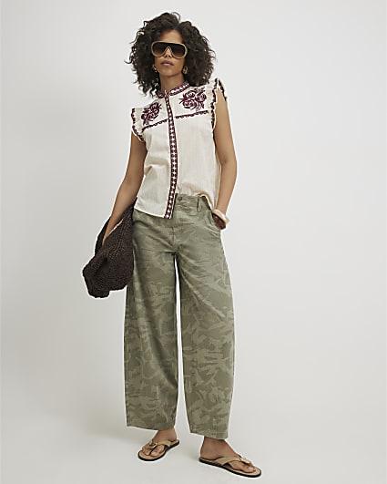 Cream Cotton Ruffle Embroidered Blouse