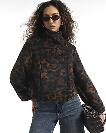 Brown Leopard Funnel Neck Cocoon Jacket