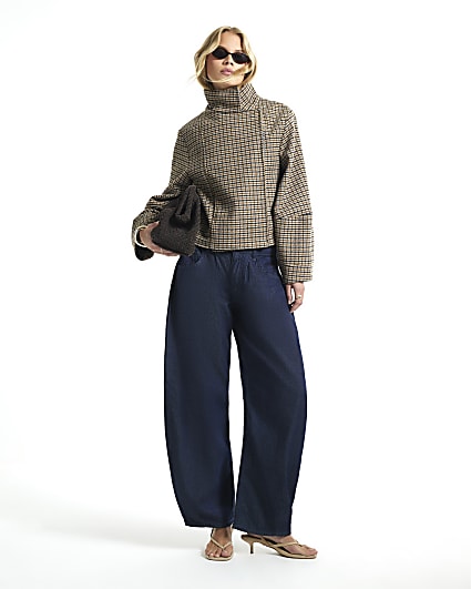Brown Check Funnel Neck Cocoon Sleeve Jacket