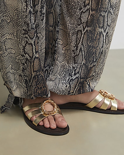Gold Wide Fit Leather Bead Ring Flat Sandals