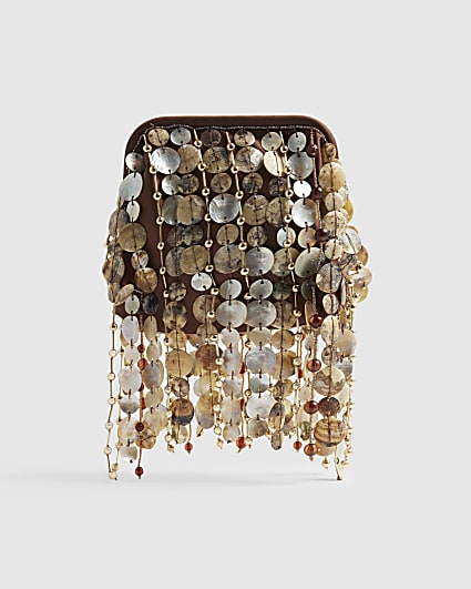 Brown Premium Fringe Shell Clutch Bag