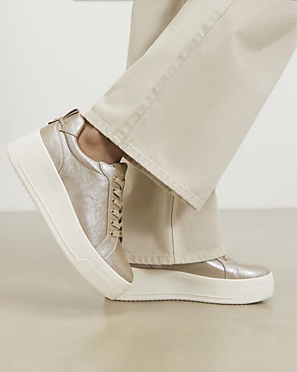 Gold Wide Fit Lace Up Flatform Trainers
