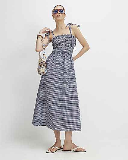 Navy Gingham Cotton Blend Shirred Midi Dress