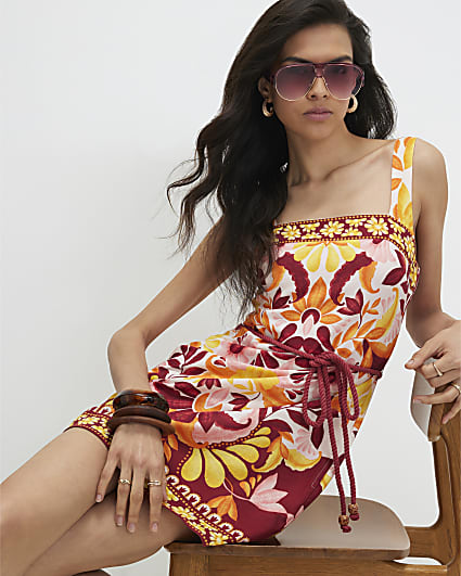 Orange Linen Blend Print Belted Mini Dress