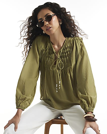 Khaki Smock Yoke Blouse