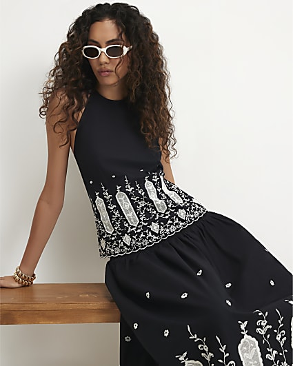 Black Halter Cutwork Hem Top