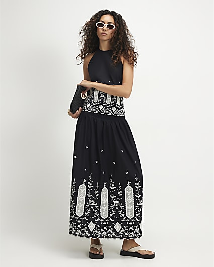Black Linen Cutwork Hem Maxi Skirt