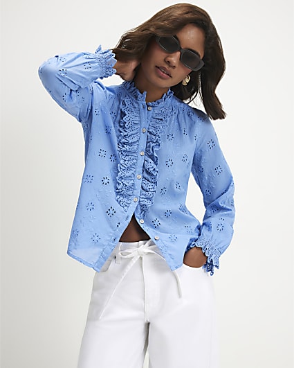 Blue Cotton Broderie Ruffle Blouse