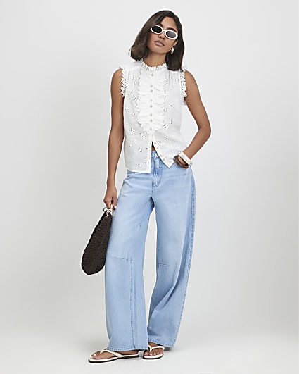 White Sleeveless Broderie Ruffle Blouse
