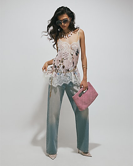Cream Poem Print Lace Cami Top